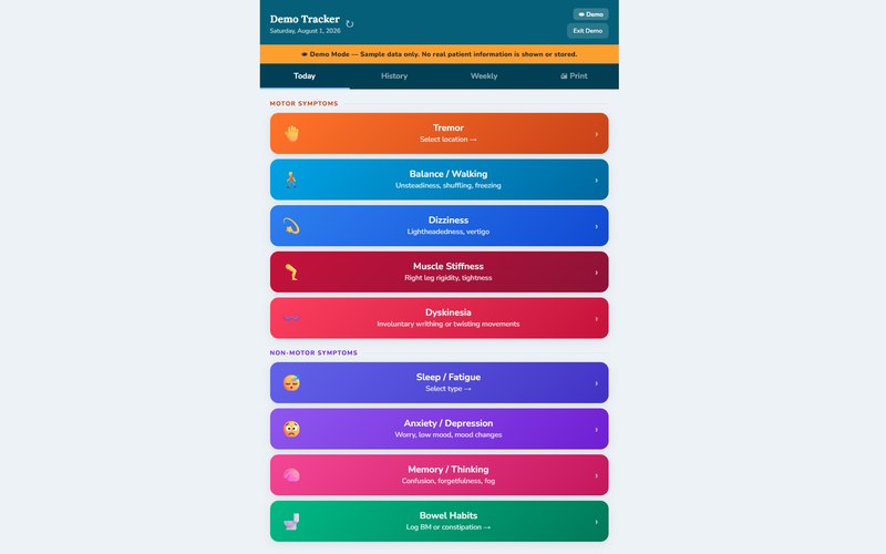 Screenshot of the Parkinson's symptom tracker in demo mode