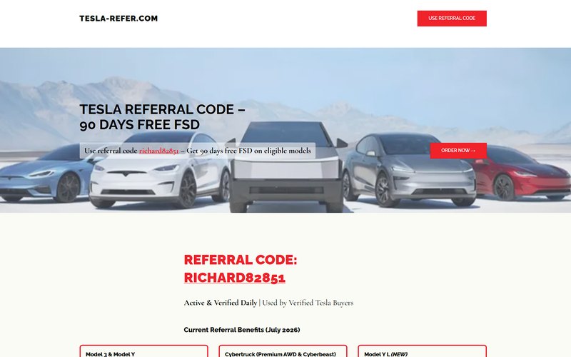 Screenshot of the tesla-refer.com homepage
